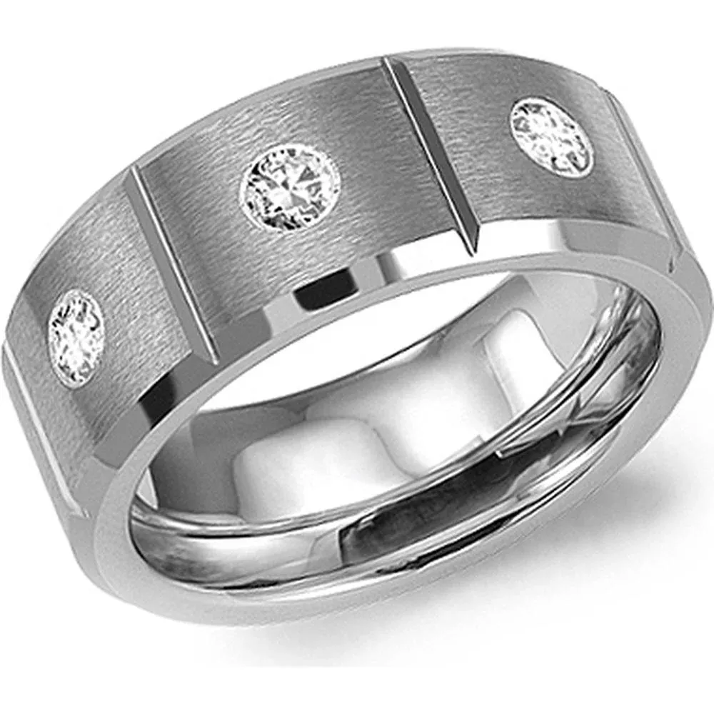 Torque Men's Wedding Band - Brushed Segmented Center with Triple Diamond Inlays and Polished Grooved Edges in Tungsten Carbide - 8mm Width from the Tungsten Carbide Collection