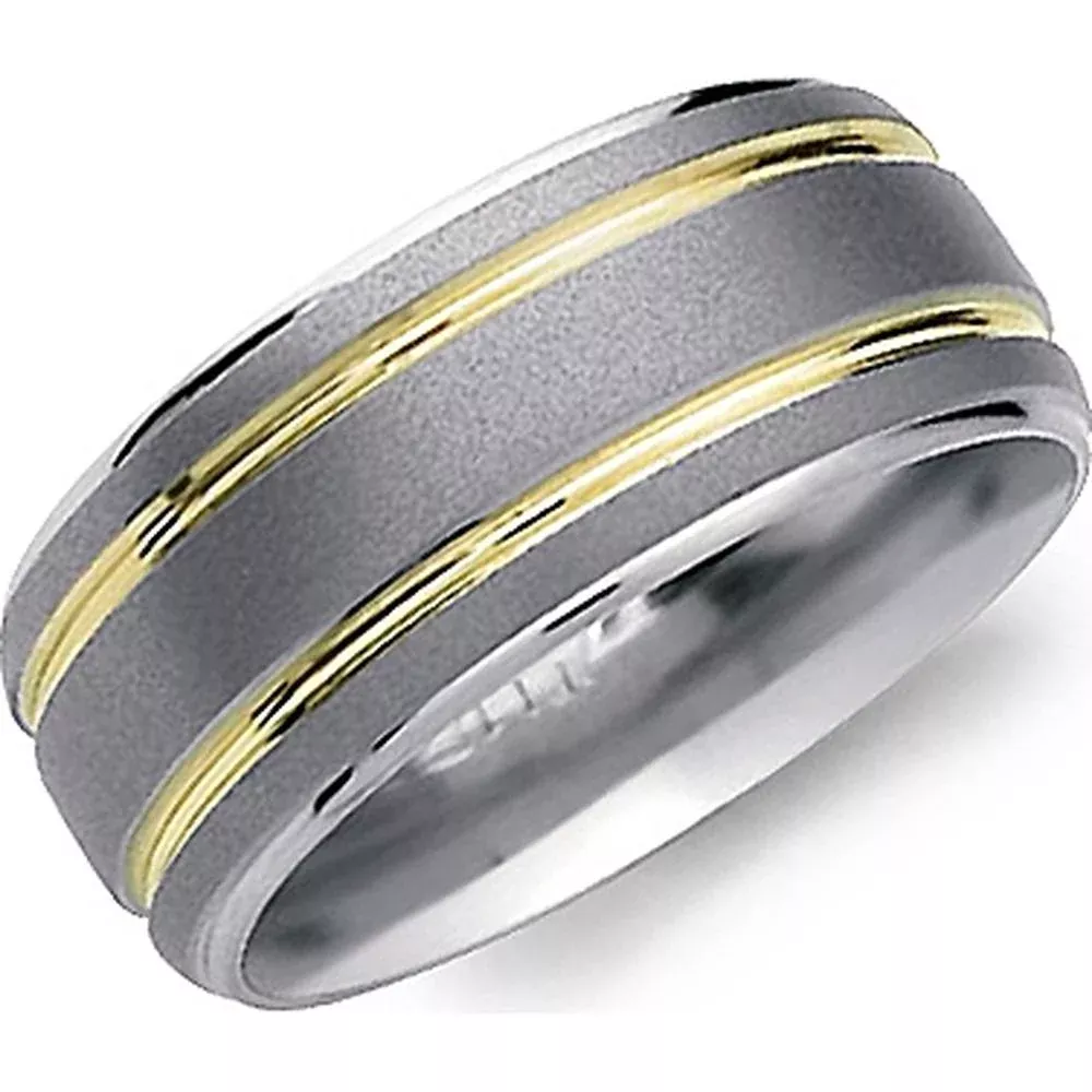 Torque Men's Wedding Band - Dual Grooved Matte Finish with Polished Yellow Gold Accents in Titanium and 18K Yellow Gold - 9mm Width from the Titanium Collection