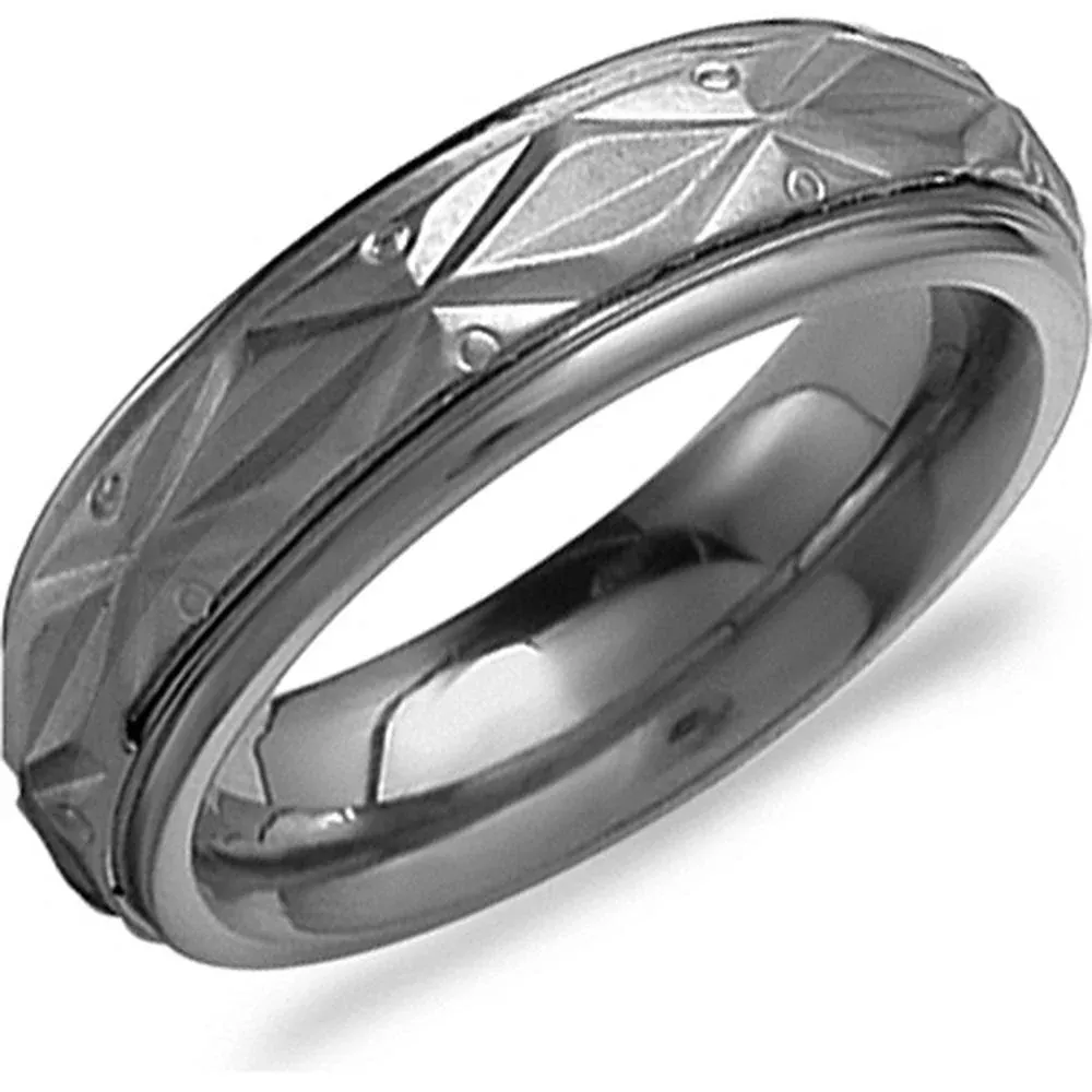 Torque Men's Wedding Band - Geometric Diamond-Cut Pattern with Matte Finish and Raised Detailing in Titanium and 18K White Gold - 7mm Width from the Titanium Collection