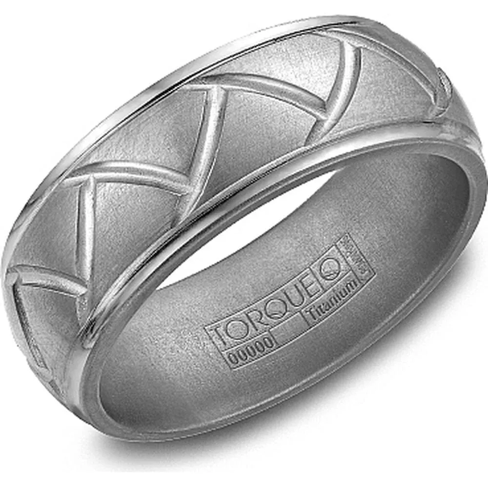Torque Men's Wedding Band - Geometric Groove Engraved Satin-Finish with High-Polish Edges in Titanium - 8mm Width from the Titanium Collection