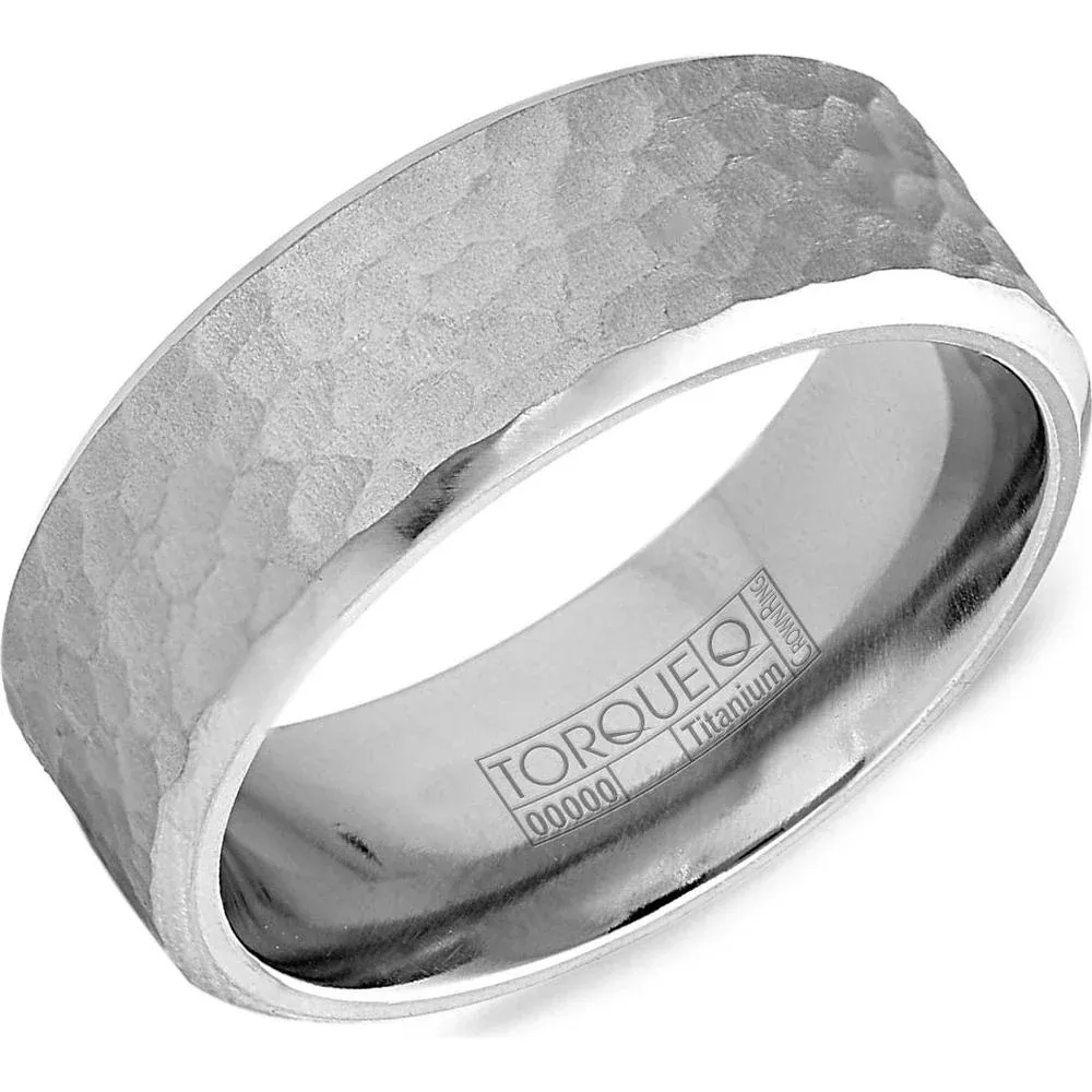 Torque Men's Wedding Band - Hammered Texture with Brushed Satin Finish and Polished Edges in Titanium - 8mm Width from the Titanium Collection