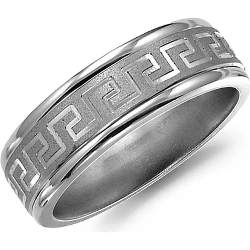 Torque Men's Wedding Band - Matte Finish Surface with Greek Key Pattern and Polished Edges in Titanium - 7mm Width from the Titanium Collection