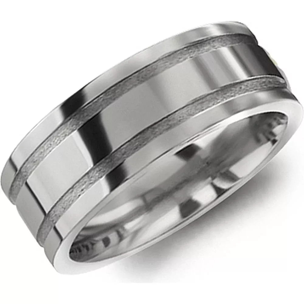 Torque Men's Wedding Band - Polished Center with Matte Dual Grooves Detailing in Titanium - 8mm Width from the Titanium Collection