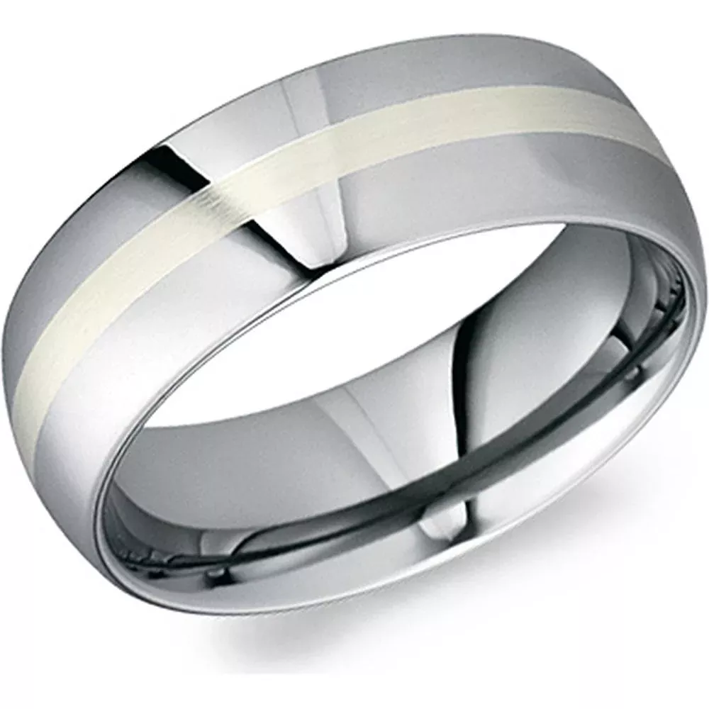Torque Men's Wedding Band - Polished Finish with Brushed Inlay Center Band in Tungsten Carbide and Sterling Silver - 6mm Width from the Tungsten Carbide Collection