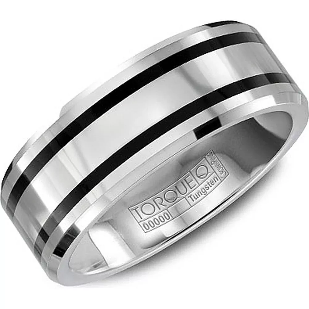 Torque Men's Wedding Band - Polished Finish with Dual Black Inlay Stripes in Tungsten Carbide - 8mm Width from the Tungsten Carbide Collection