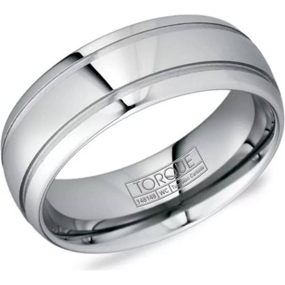 Torque Men's Wedding Band - Polished Finish with Dual Step-Down Grooves and Beveled Edges in Tungsten Carbide - 8mm Width from the Tungsten Carbide Collection