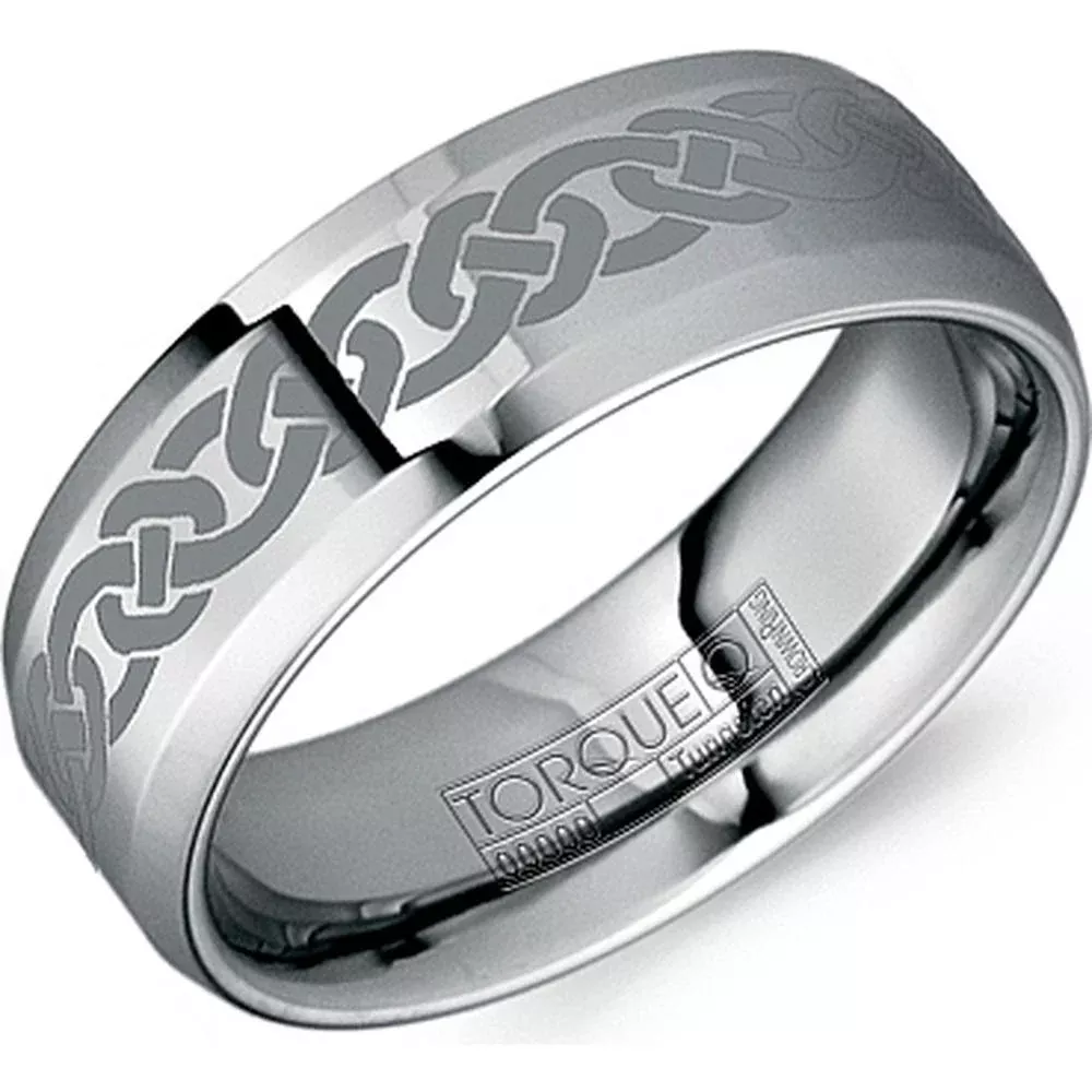 Torque Men's Wedding Band - Polished Finish with Engraved Celtic Chain Design and Beveled Edges in Tungsten Carbide - 8mm Width from the Tungsten Carbide Collection