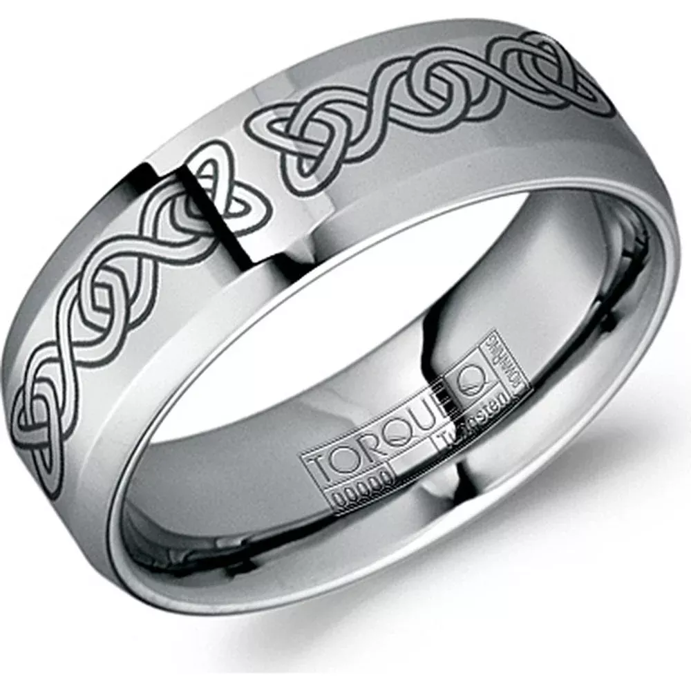 Torque Men's Wedding Band - Polished Finish with Engraved Celtic Knot Design and Beveled Edges in Tungsten Carbide - 8mm Width from the Tungsten Carbide Collection