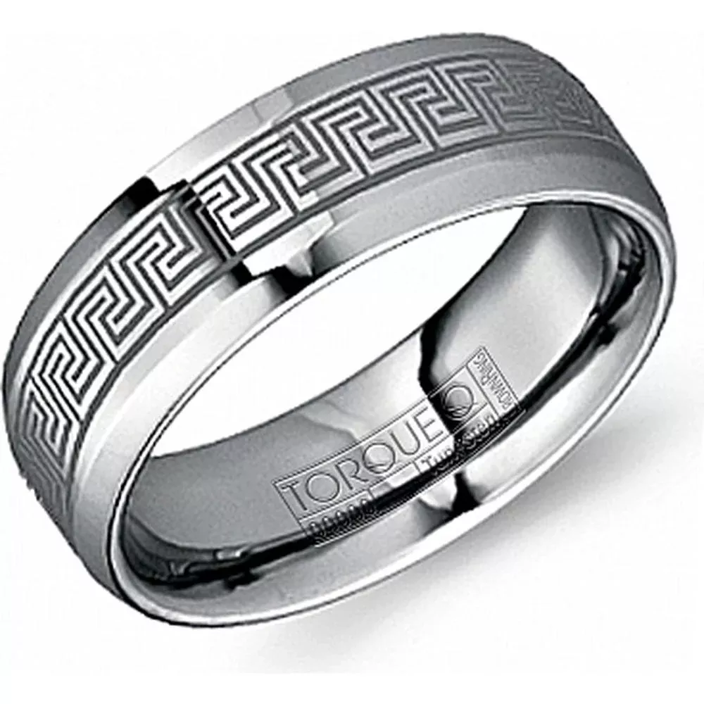 Torque Men's Wedding Band - Polished Finish with Engraved Greek Key Design and Beveled Edges in Tungsten Carbide - 8mm Width from the Tungsten Carbide Collection