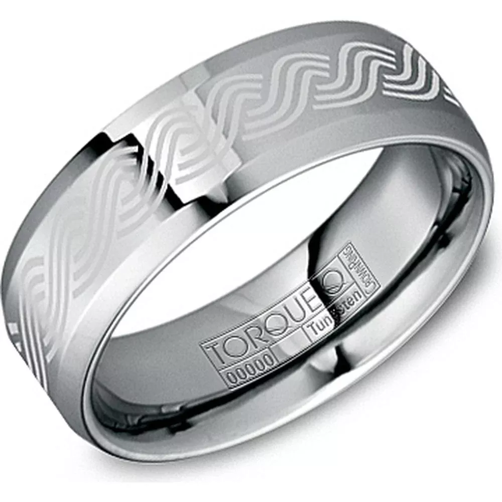 Torque Men's Wedding Band - Polished Finish with Engraved Woven Wave Design and Beveled Edges in Tungsten Carbide - 8mm Width from the Tungsten Carbide Collection
