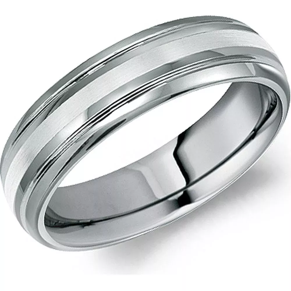 Torque Men's Wedding Band - Polished Finish with Satin Brushed Center and Step-Down Edges in Tungsten Carbide and White Gold - 6mm Width from the Tungsten Carbide Collection