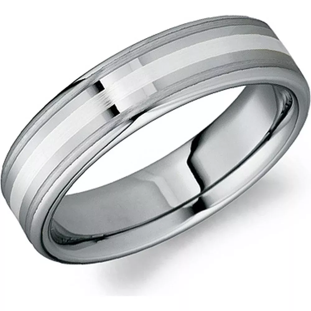 Torque Men's Wedding Band - Polished Finish with Satin Brushed Inlay Center in Tungsten Carbide and White Gold - 6mm Width from the Tungsten Carbide Collection