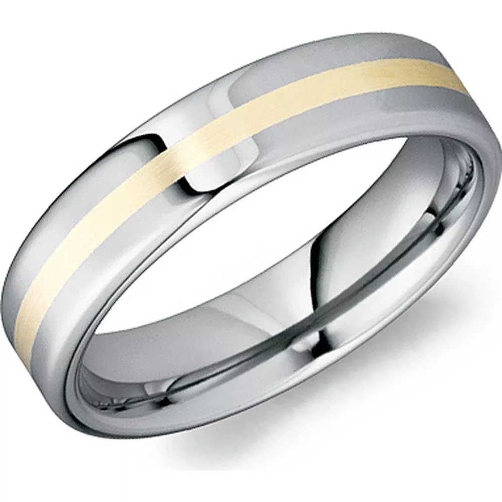 Torque Men's Wedding Band - Polished Finish with Satin Brushed Yellow Gold Inlay Center in Tungsten Carbide and Yellow Gold - 6mm Width from the Tungsten Carbide Collection