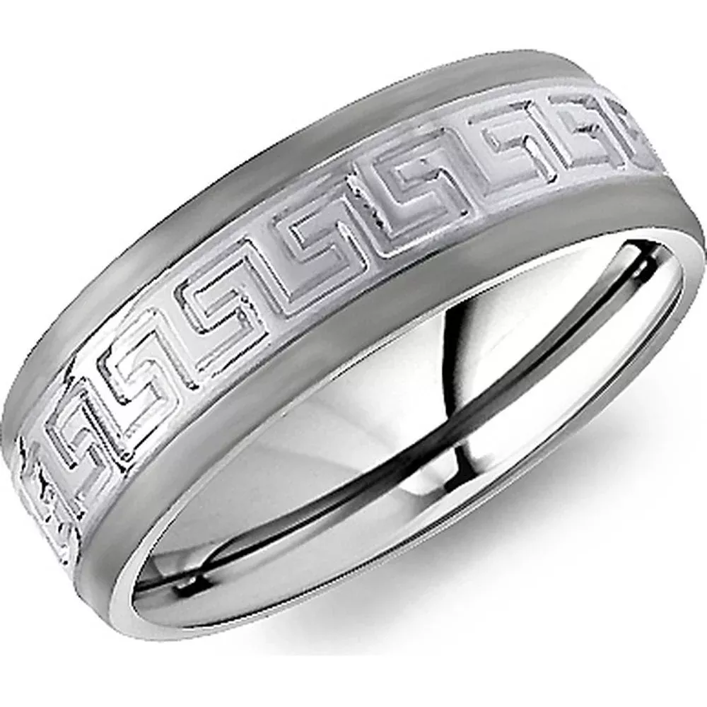 Torque Men's Wedding Band - Polished Greek Key Pattern with Brushed Edges in Titanium and 18K White Gold - 7mm Width from the Titanium Collection