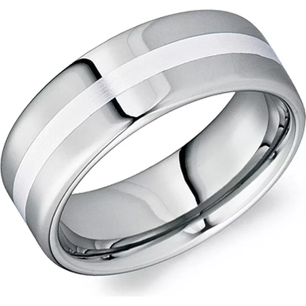 Torque Men's Wedding Band - Polished Surface and Edges with Satin Brushed Inlay in Tungsten Carbide and Platinum - 8mm Width from the Tungsten Carbide Collection