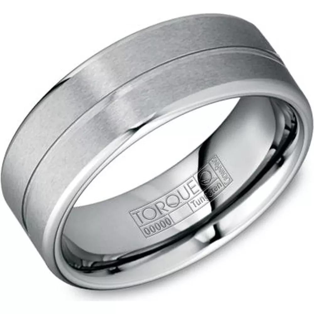 Torque Men's Wedding Band - Satin Brushed Center with Groove Polished Edges in Tungsten Carbide - 8mm Width from the Tungsten Carbide Collection