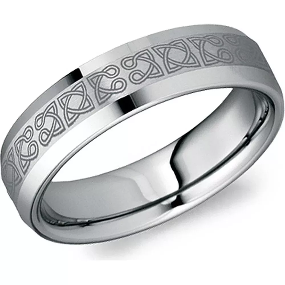 Torque Men's Wedding Band - Satin Brushed Finish with Celtic Knot Pattern and Polished Edges in Tungsten Carbide - 6mm Width from the Tungsten Carbide Collection