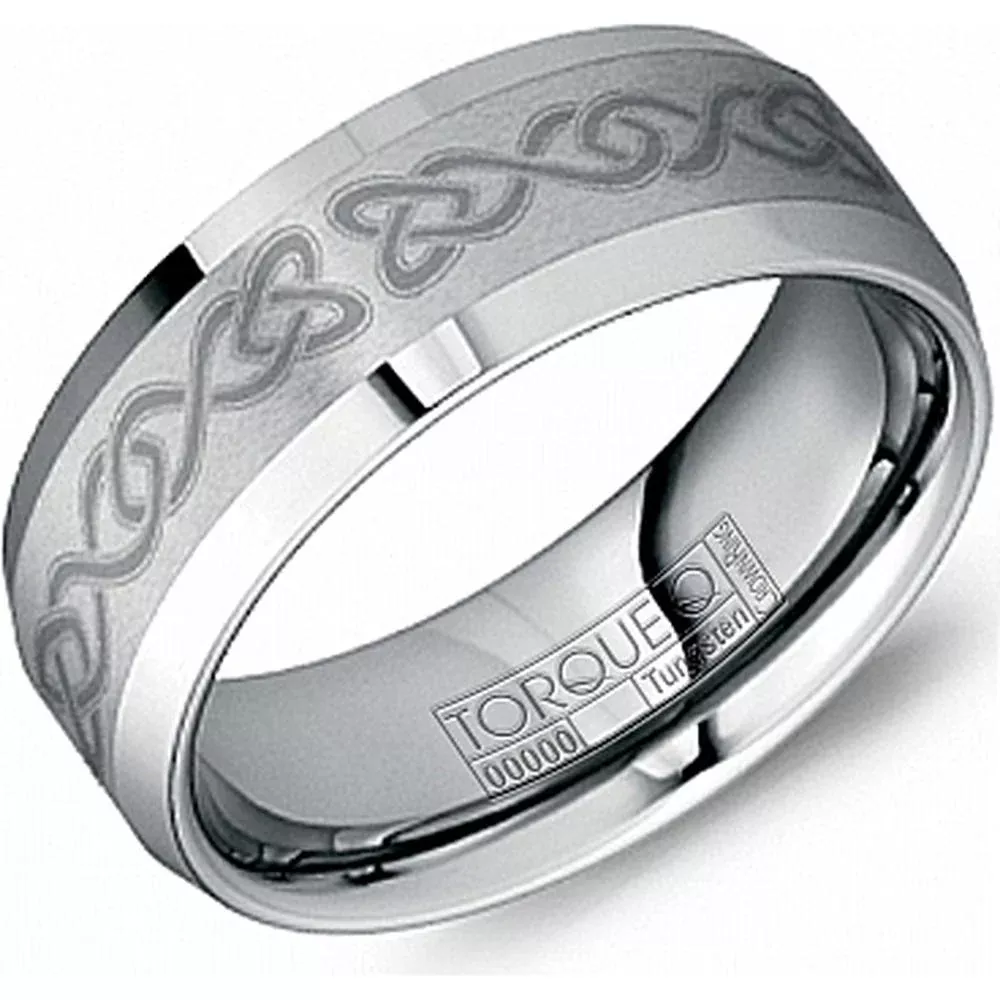 Torque Men's Wedding Band - Satin Brushed Finish with Engraved Celtic Knot and Polished Edges in Tungsten Carbide - 8mm Width from the Tungsten Carbide Collection