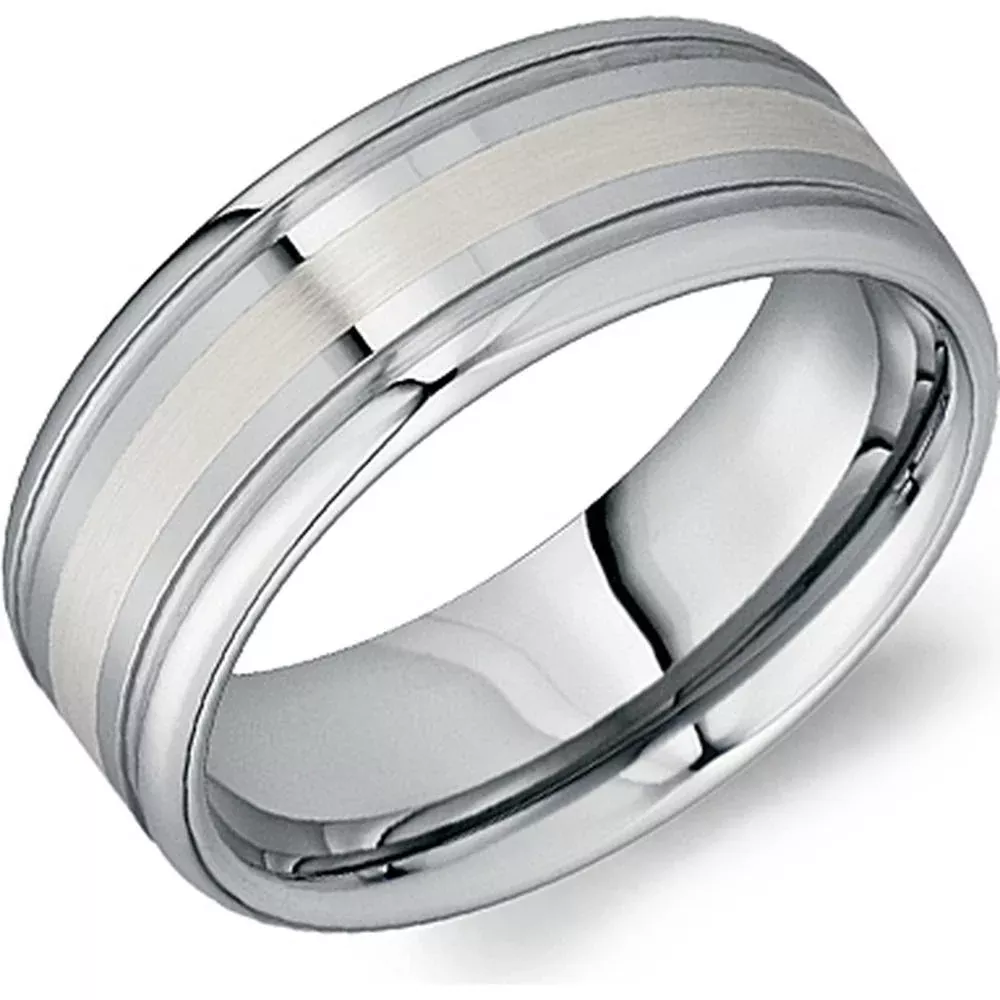 Torque Men's Wedding Band - Satin Brushed Inlay with Dual Grooves and Polished Edges in Tungsten Carbide and White Gold - 8mm Width from the Tungsten Carbide Collection