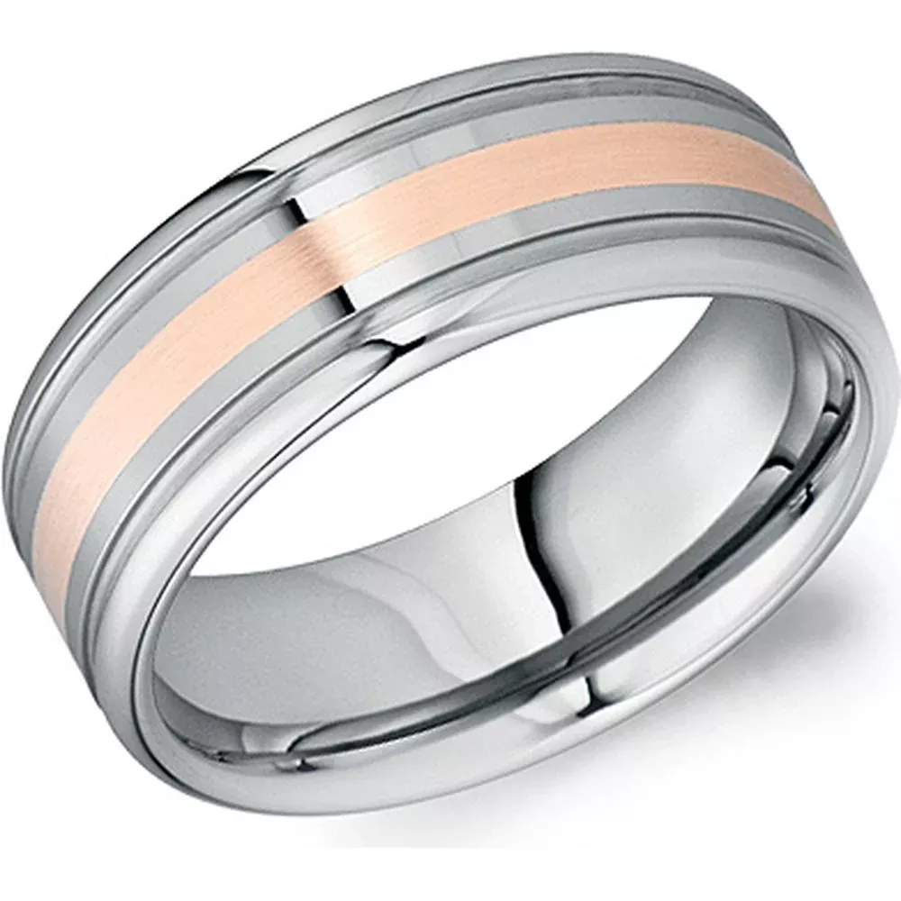 Torque Men's Wedding Band - Satin Brushed Rose Gold Inlay with Dual Grooves and Polished Edges in Tungsten Carbide and Rose Gold - 8mm Width from the Tungsten Carbide Collection