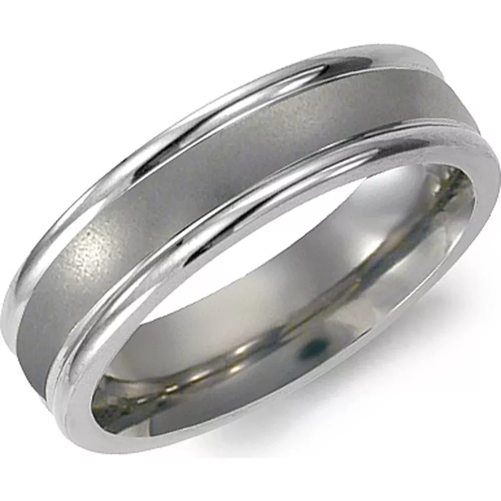 Torque Men's Wedding Band - Satin-Finish Center with Polished Grooved Edges in Titanium - 7mm Width from the Titanium Collection