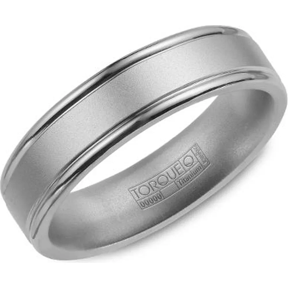 Torque Men's Wedding Band - Satin Finish with Double Polished Grooves Detailing in Titanium - 6mm Width from the Titanium Collection