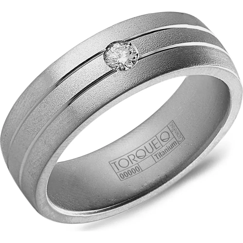 Torque Men's Wedding Band - Satin Finish with Dual Grooves and Single Diamond in Titanium - 7mm Width from the Titanium Collection