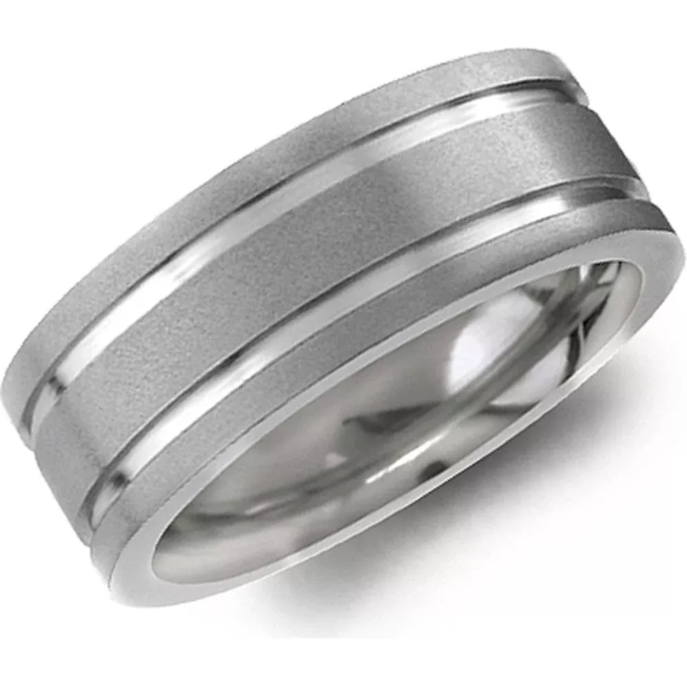Torque Men's Wedding Band - Satin Finish with Dual Polished Grooves in Titanium - 8mm Width from the Titanium Collection