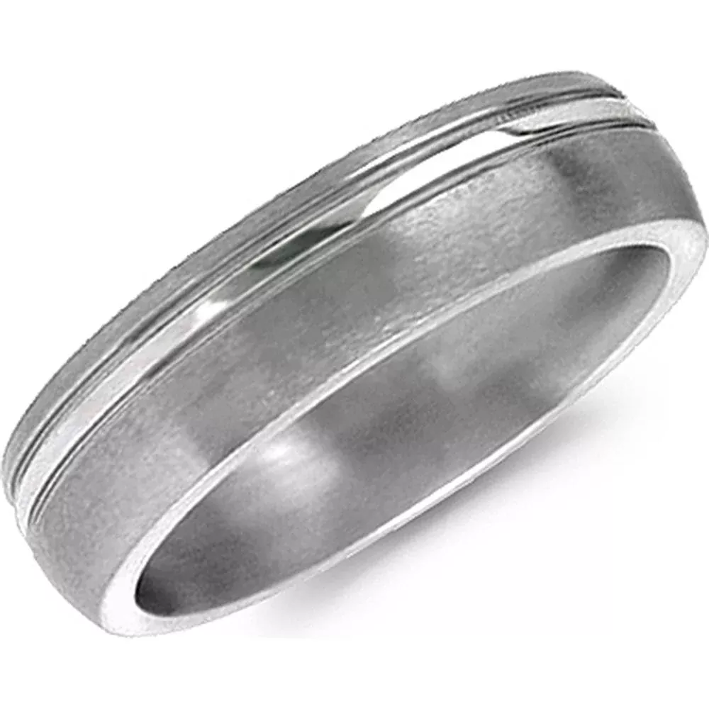 Torque Men's Wedding Band - Satin-Finish with Polished Asymmetrical Groove Detailing in Titanium - 6mm Width from the Titanium Collection