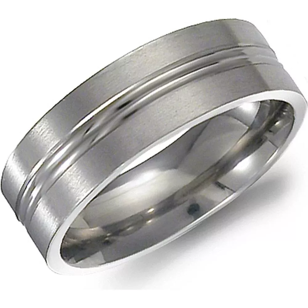 Torque Men's Wedding Band - Satin Finish with Polished Dual Grooves in Titanium - 7mm Width from the Titanium Collection