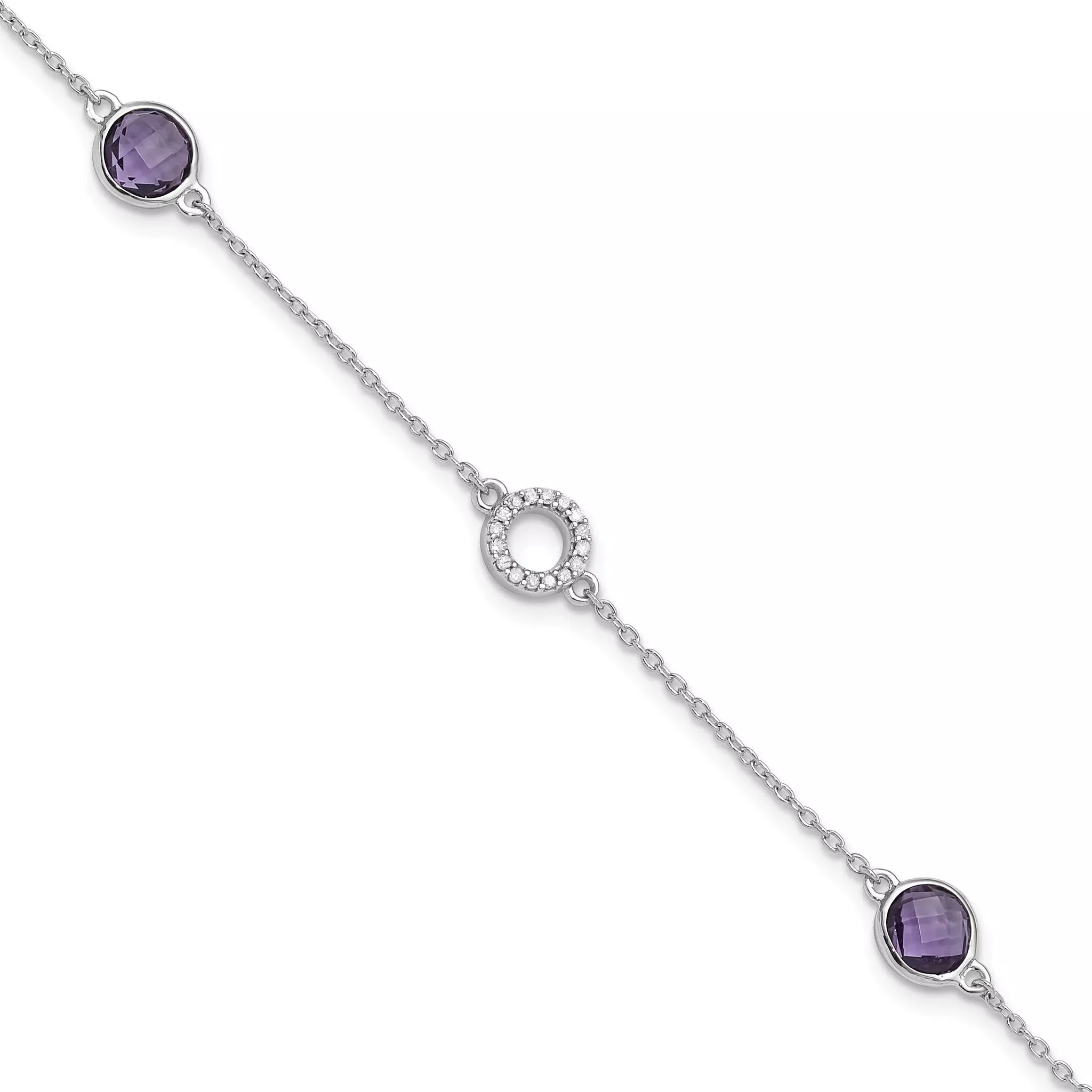 White Ice Sterling Silver Rhodium-Rhodium-Plated 6.25 inch Diamond and AmethystBracelet plus 1 inch extender