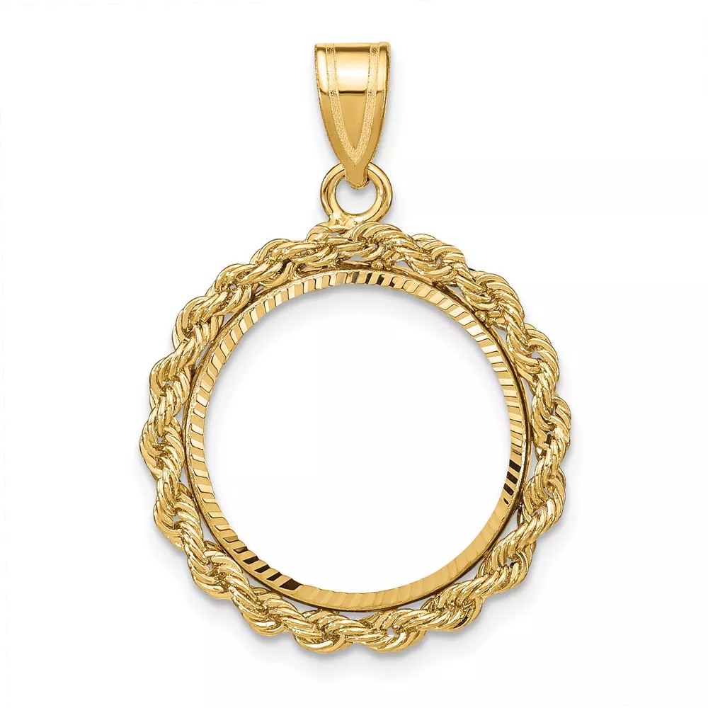 Wideband Distinguished Coin Jewelry 10k Polished and Diamond-cut with Rope Edge 16.5mm Prong Coin Bezel Pendant