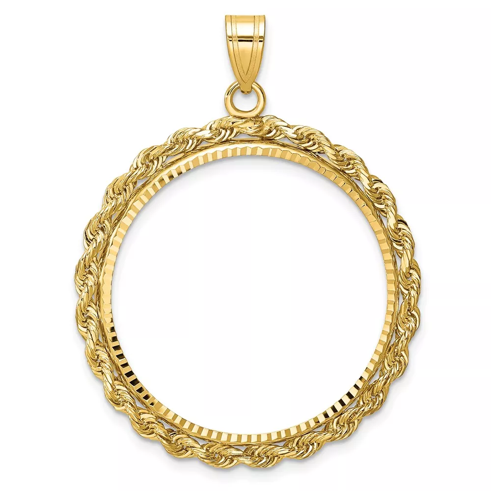 Wideband Distinguished Coin Jewelry 10k Polished and Diamond-cut with Rope Edge 27.0mm Prong Coin Bezel Pendant