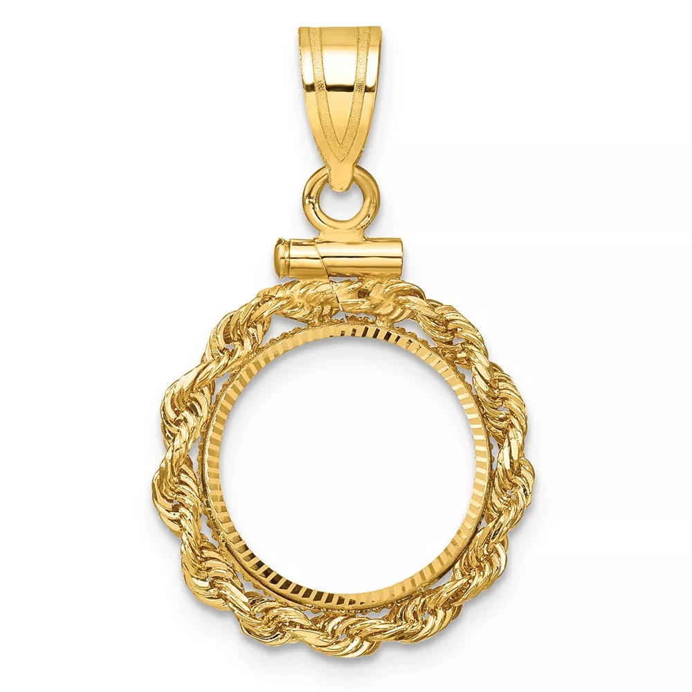 Wideband Distinguished Coin Jewelry 14k Polished Rope and Diamond-cut 13.0mm x 1.1mm Screw Top Coin Bezel Pendant