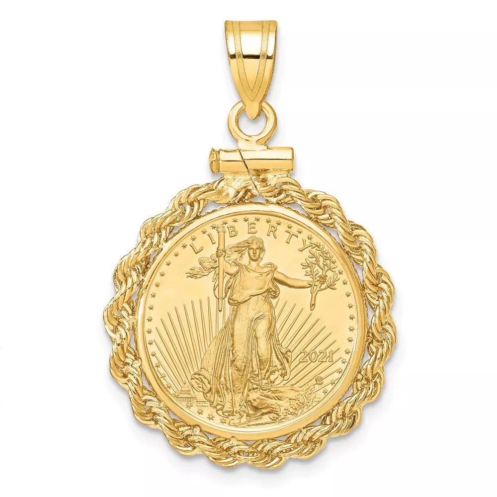 Wideband Distinguished Coin Jewelry 14k Polished Rope Mounted 1/10oz American Eagle Screw Top Coin Bezel Pendant