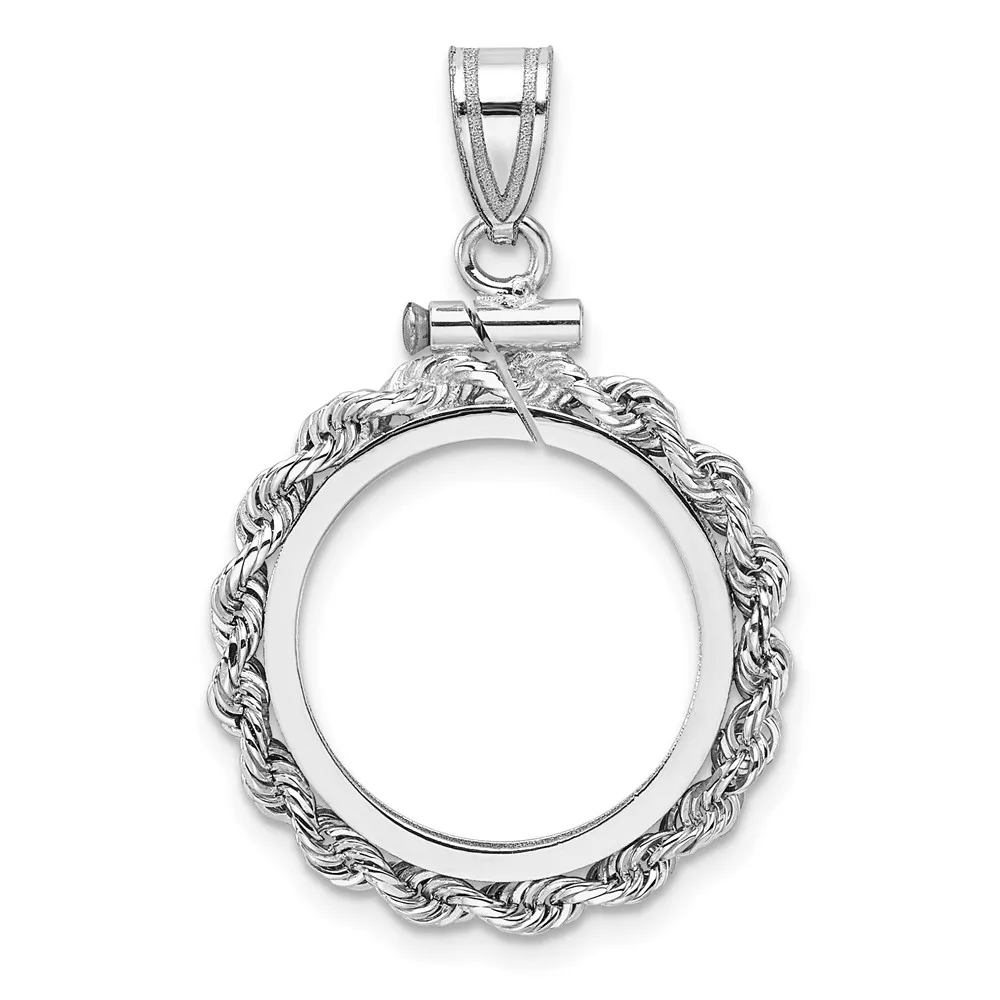 Wideband Distinguished Coin Jewelry 14k White Gold Polished Rope 16.5mm x 1.35mm Screw Top Coin Bezel Pendant